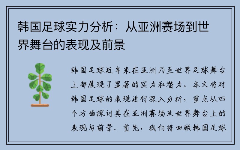 韩国足球实力分析：从亚洲赛场到世界舞台的表现及前景