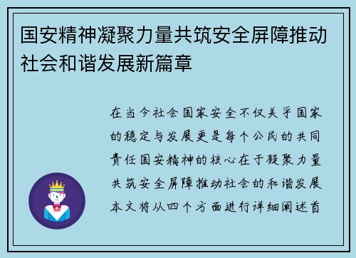 国安精神凝聚力量共筑安全屏障推动社会和谐发展新篇章