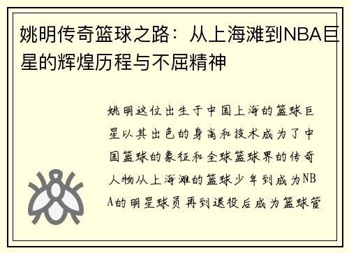 姚明传奇篮球之路：从上海滩到NBA巨星的辉煌历程与不屈精神