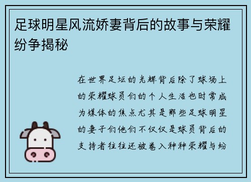 足球明星风流娇妻背后的故事与荣耀纷争揭秘